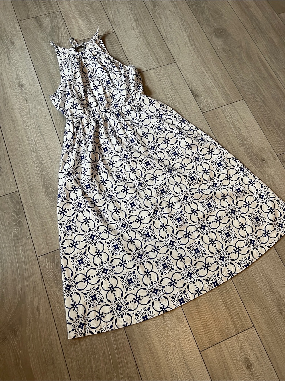 J. Crew White Midi Dress with Navy Mediterranean Tile Print